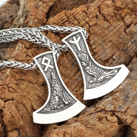 Double-sided Axe Runaven Odin Mount Wolf Head Crow Necklace Men's Sweater Chain Jewelry