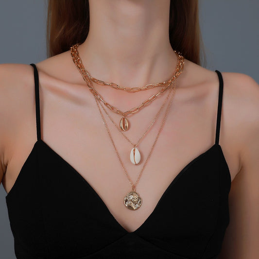 Women's All-match Simple Shell Pendant Hollow Portrait Multi-layer Necklace